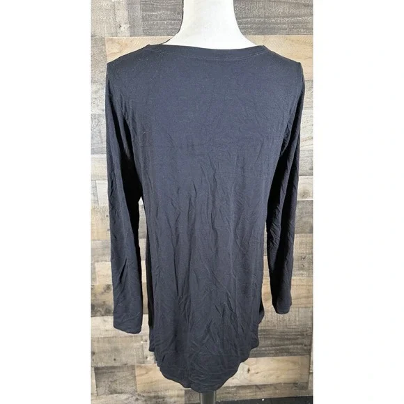 Eileen Fisher Top Womens Med Black Stretch Round Neck Long Sleeve Asymmetrical - Picture 3 of 4